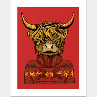 Scottish Highland Cow Wearing A Red Sweatshirt Posters and Art